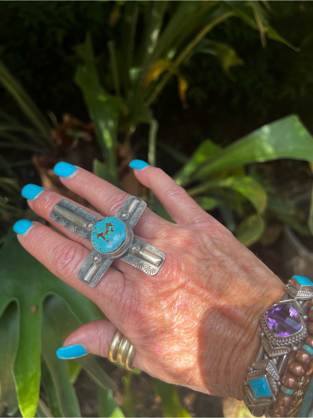 Sandra Nez Navajo Kingman Turquoise Sterling Silver Cross Ring Size 10 - Picture 12 of 15